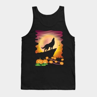 Wolf Dog On Mountain With Moon Pumpkins Bat Halloween Day Tank Top